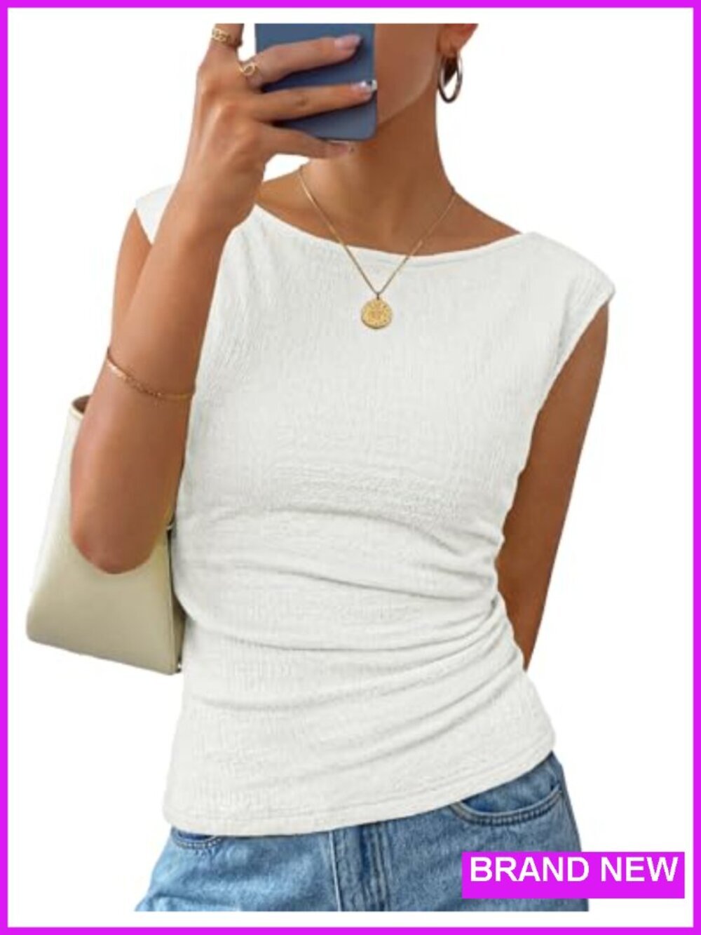 Cap Sleeve Boat Neck Ruched Slim Fit Tank Top Summer T Shirt